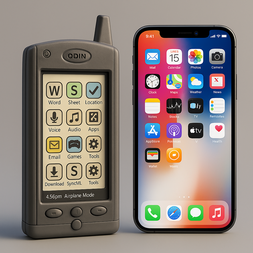 Side-by-side image of the Odin Smartphone from 2000 and the iPhone, showing early smartphone features